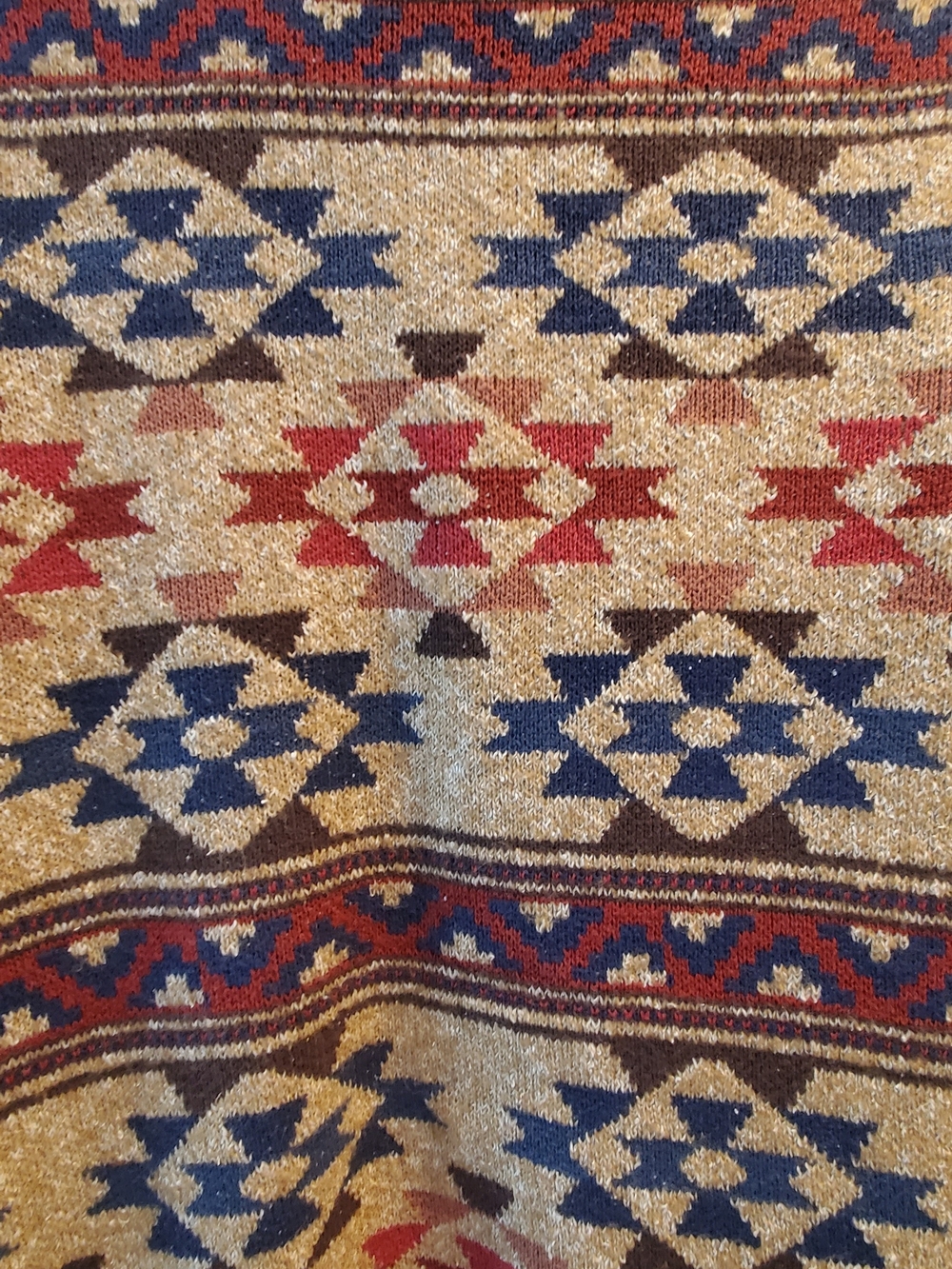 Lucky Brand Tan Shawl Collar Cardigan with Red & Blue Geometric Pattern - Picture 3 of 4